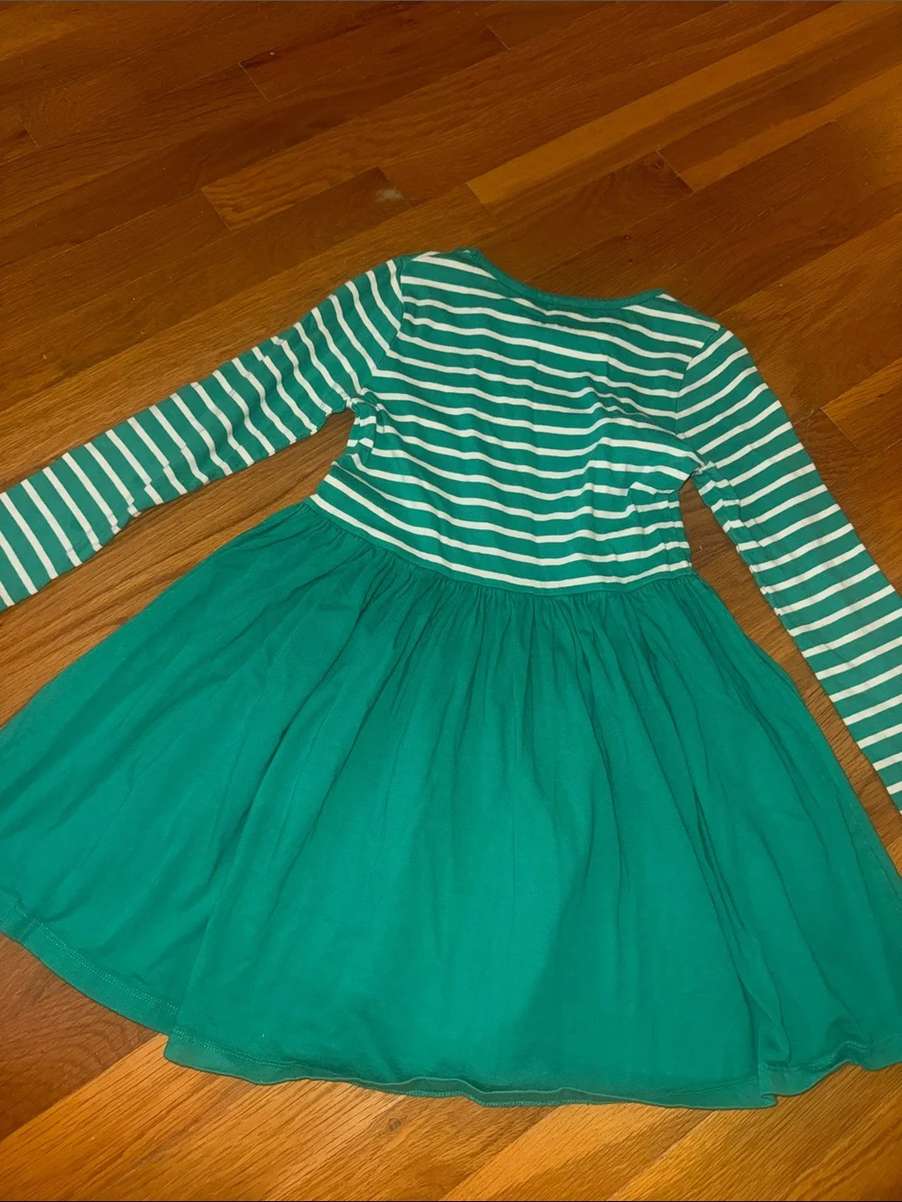 Mini Boden Green Striped Long-Sleeve Dress with Playful Animal Appliqués